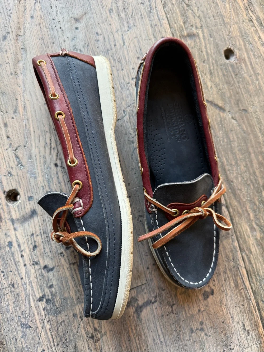 Sebago Docksides Boat Shoes womens 8.5 M Navy Burgundy Leather Made in USA